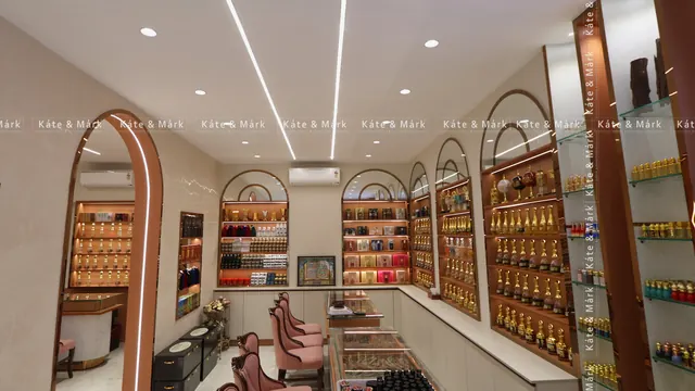 Oudh perfume shop with arched display shelves, Edappally