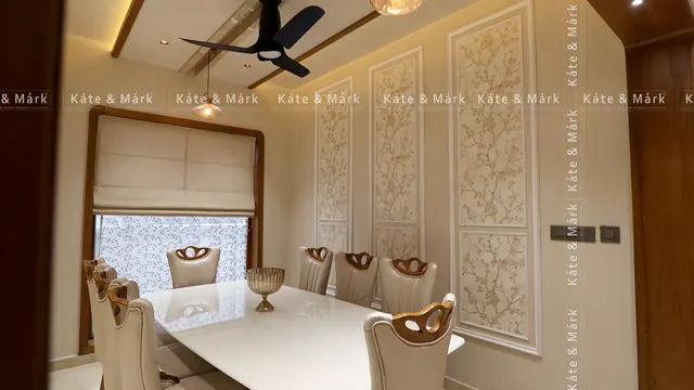 Dining area with carved panel wall, Perumbavoor