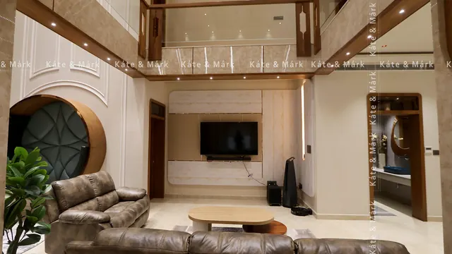 Living room with TV wall, villa in Perumbavoor